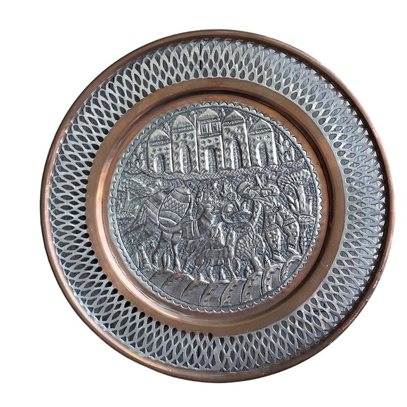 Vintage Other - Vntg. Antique Copper Silver Hammered Persian/Turkish Tray Wall Art w/Shephard